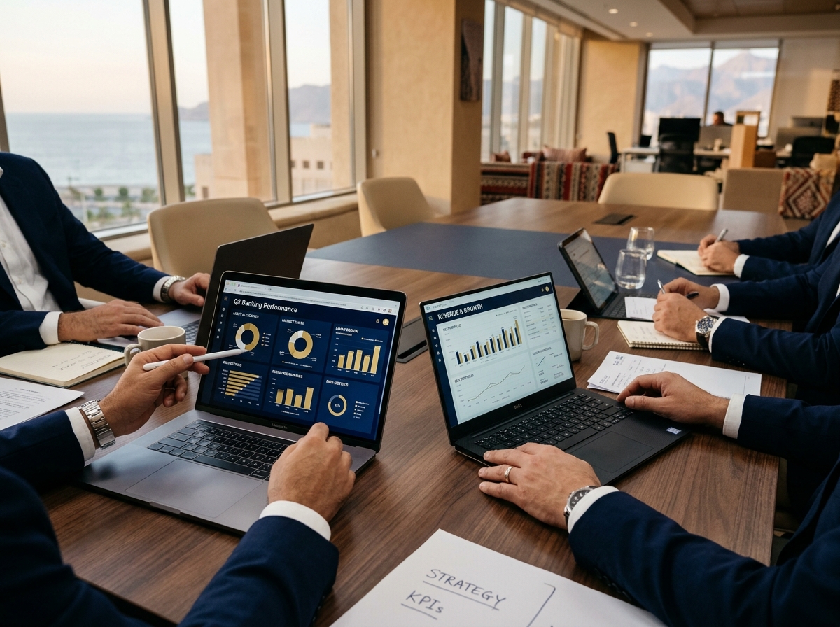 Executive workshop reviewing banking dashboards